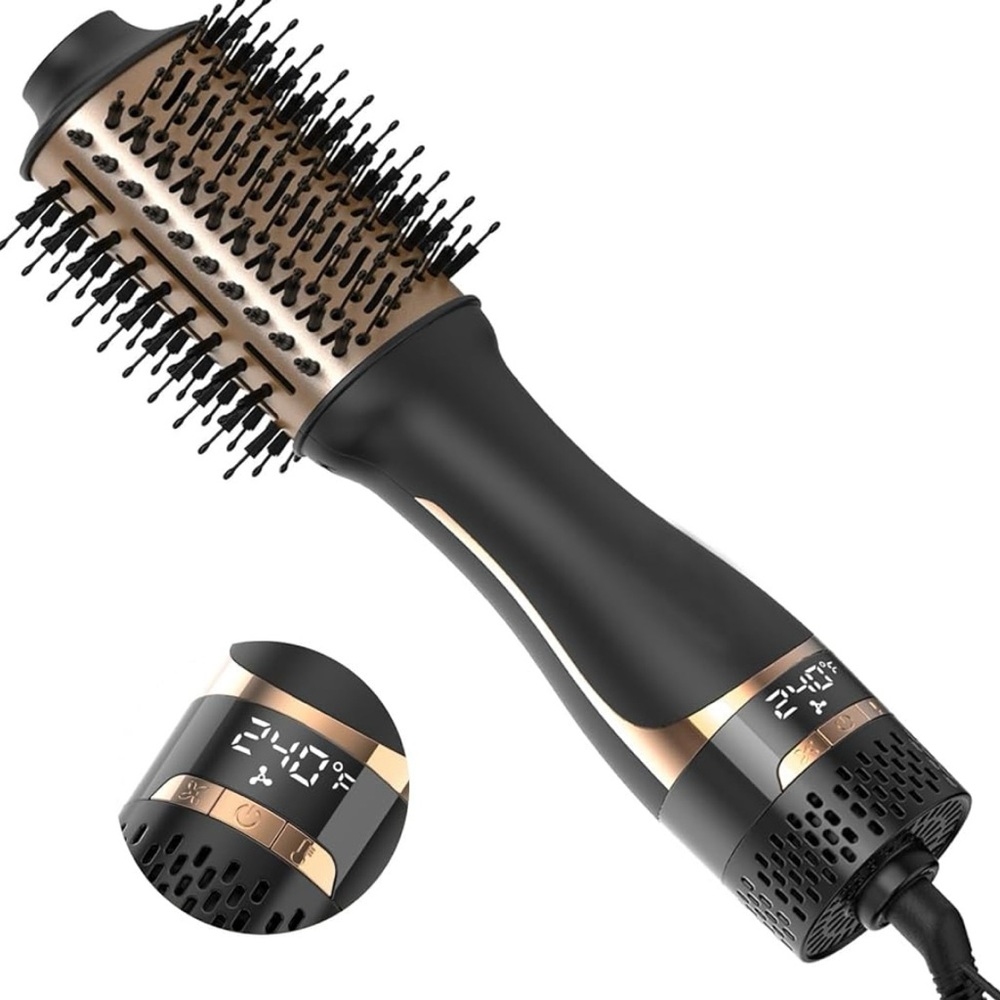 Sleek Black and Gold Hair Dryer Brush